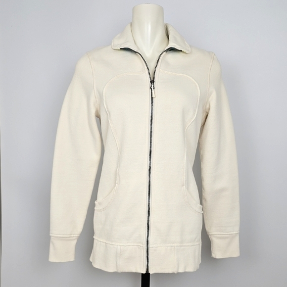 lululemon athletica Jackets & Blazers - Lululemon Women's Cream Teal Retro Zip-Up Fleece Lined Scuba Jacket Pockets 8